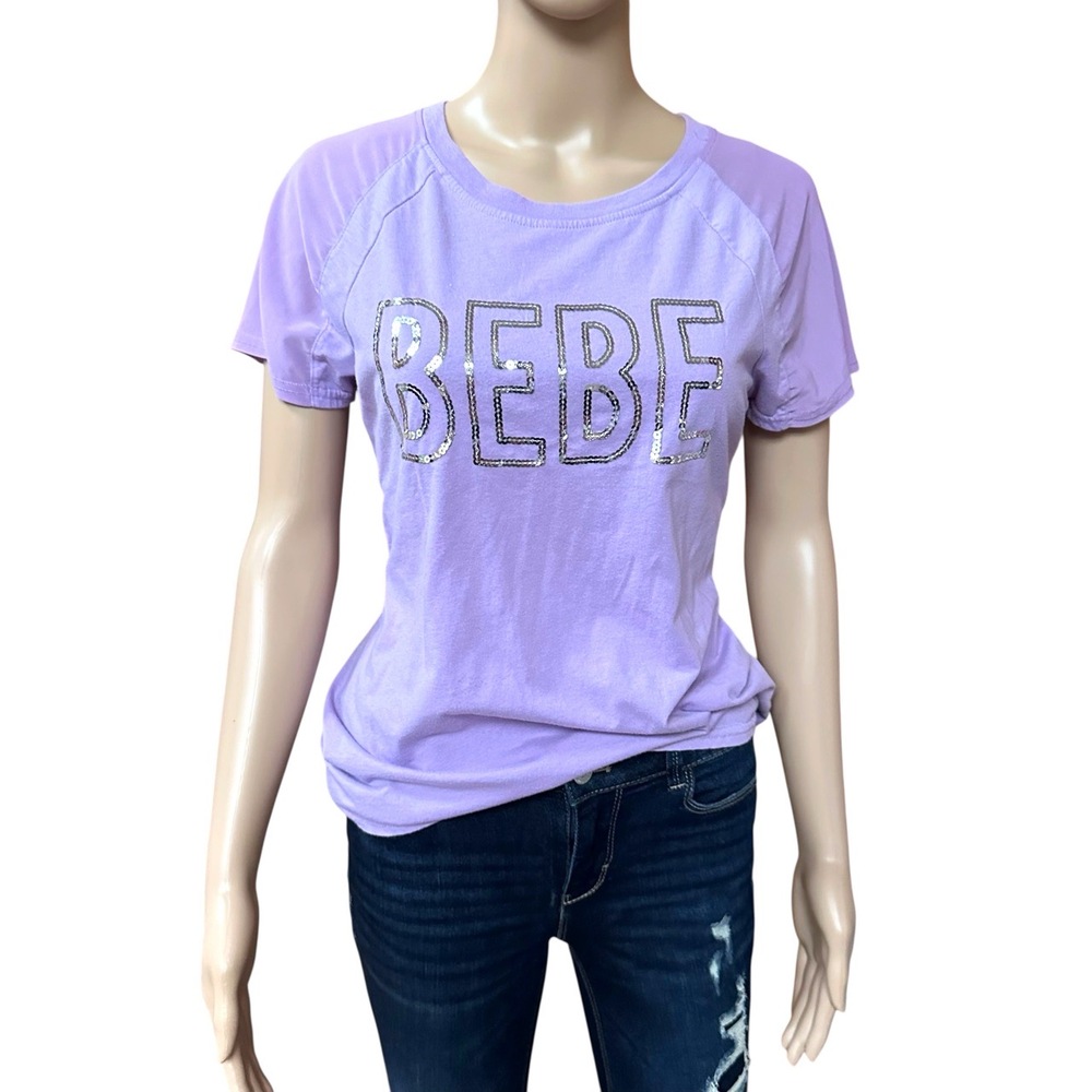 BEBE Women’s M Purple Sequin Logo T-Shirt Top Short‎ Mesh Sleeve Casual Y2K Tee - Picture 2 of 7
